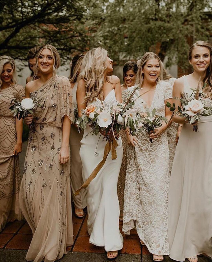 mismatched beige bridesmaid dresses